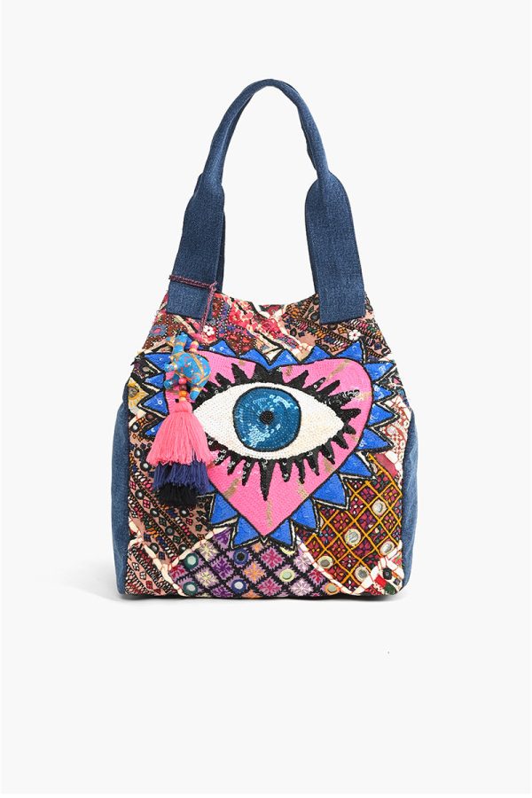 Watch Over Me Evil Eye Denim Tote - Image 3