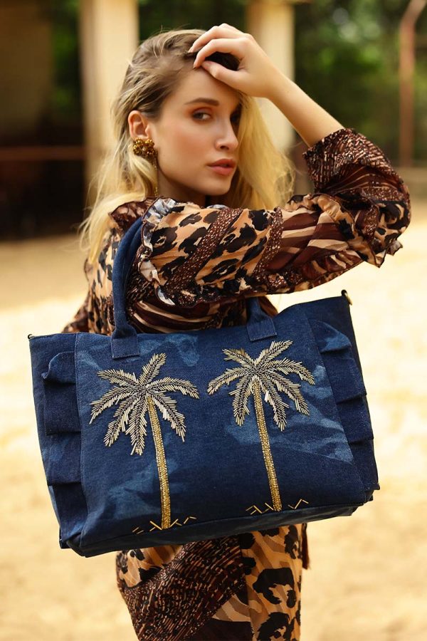 Palm Glitz Embellished Denim Tote - Image 7