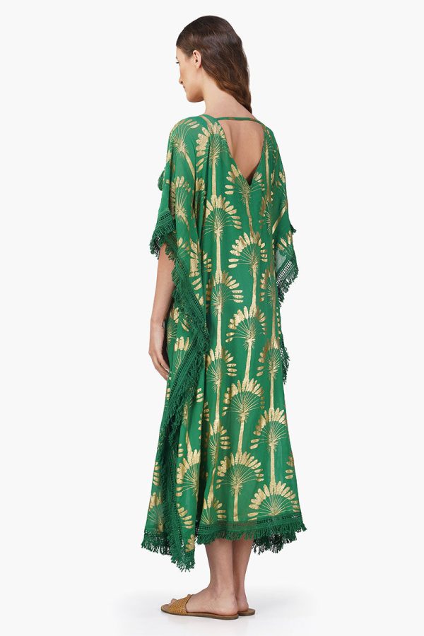 Pine Green Palm Foil Tassel Kaftan - Image 4