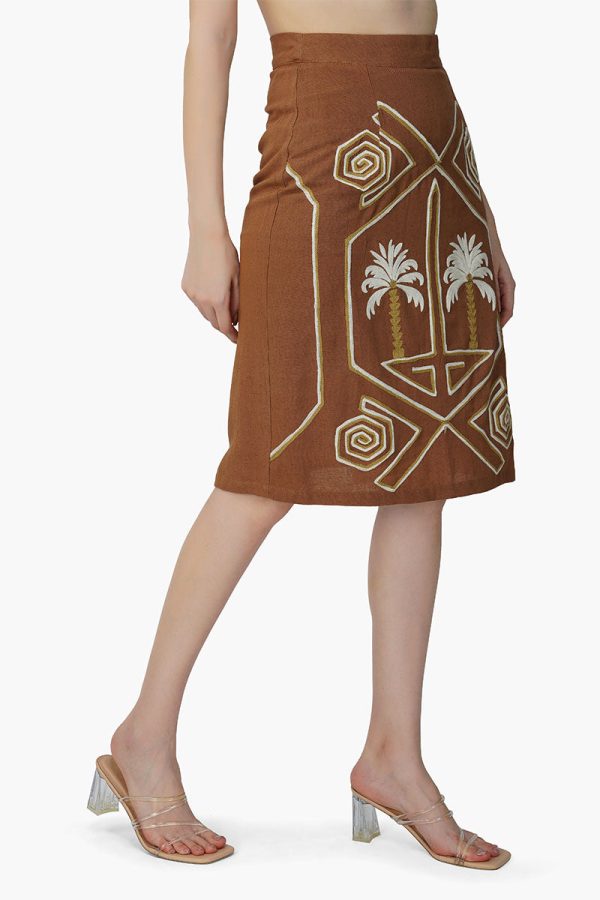 Tawny Brown Palm Embroidered Short Skirt - Image 2