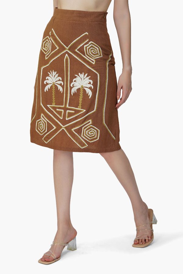 Tawny Brown Palm Embroidered Short Skirt - Image 3