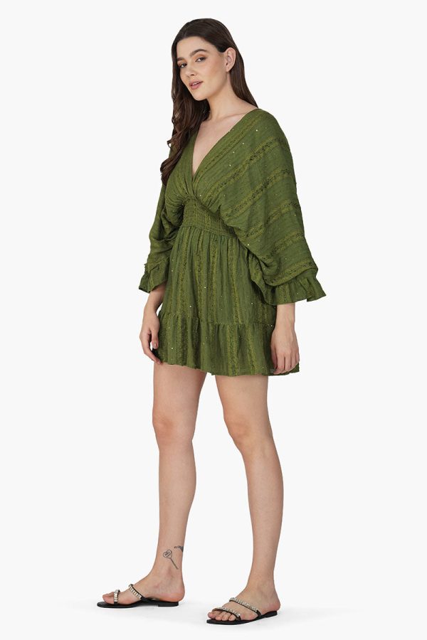 Olive Green Yarn Dyed Short Dress - Image 3
