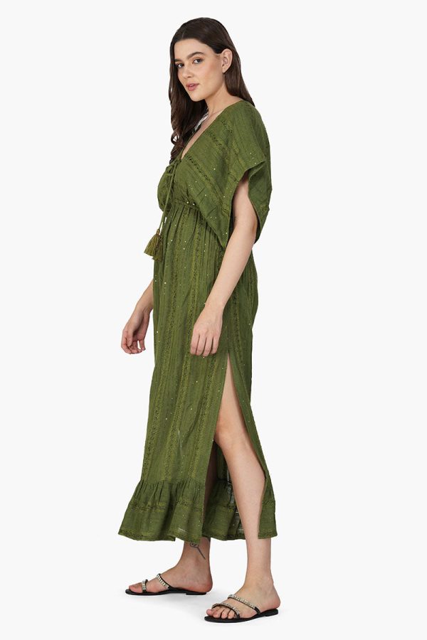 Olive Green Yarn Dyed Long Dress - Image 3