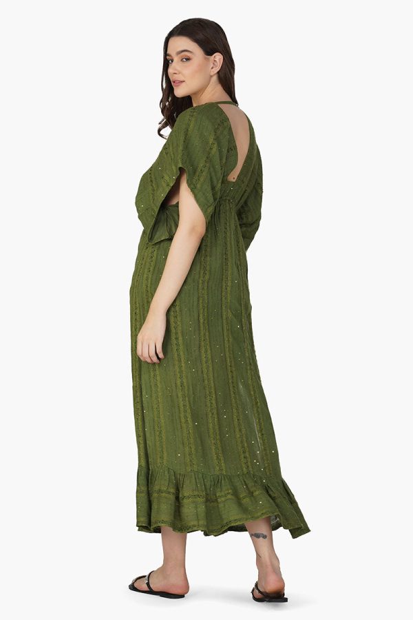 Olive Green Yarn Dyed Long Dress - Image 4