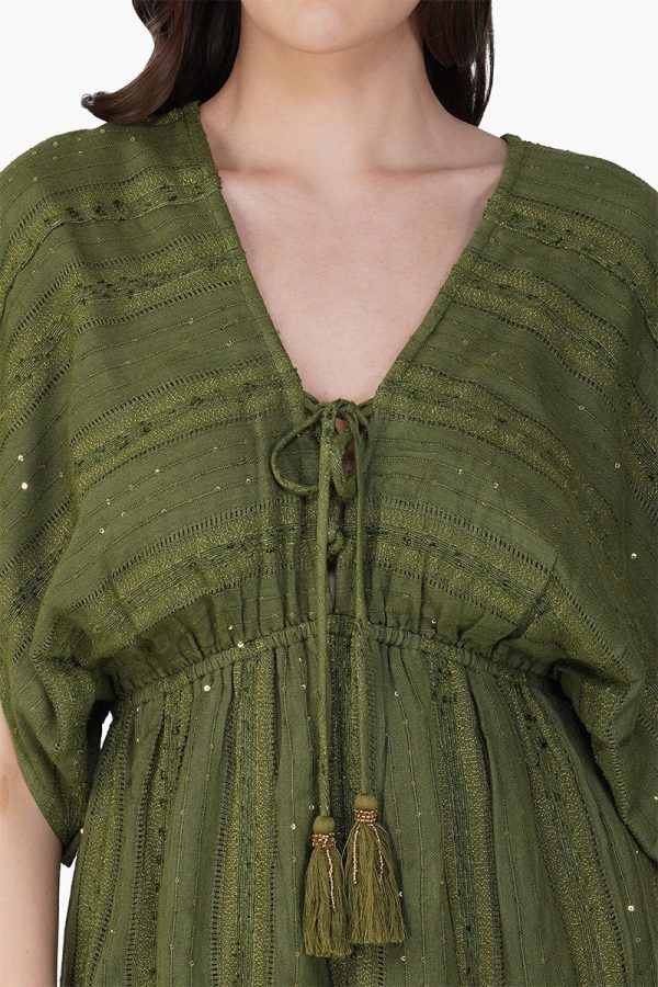 Olive Green Yarn Dyed Long Dress - Image 5