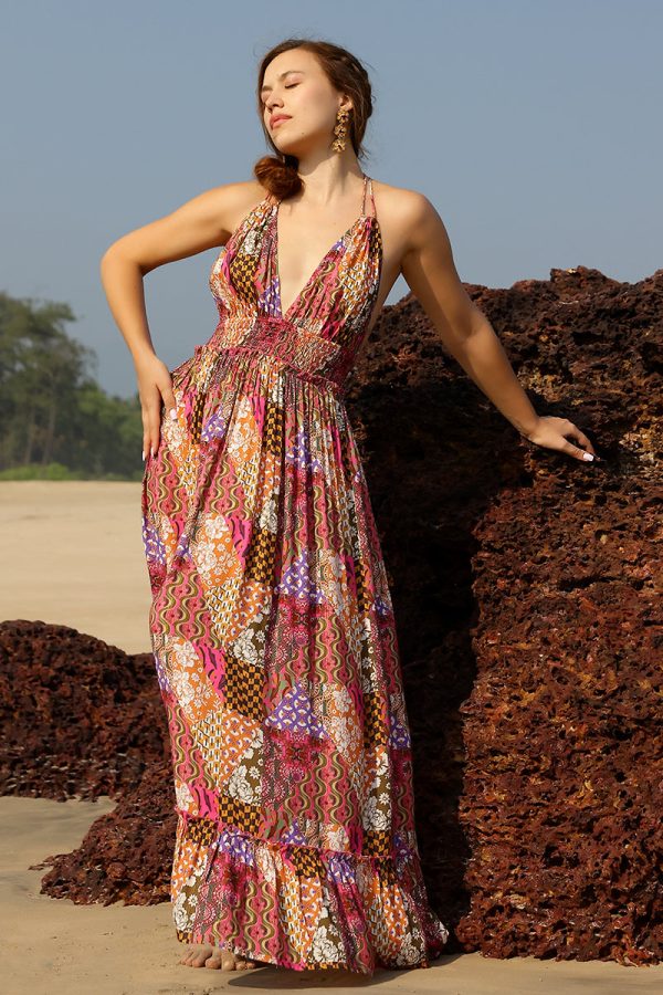 Boho Bliss Patchwork Halter Maxi Dress