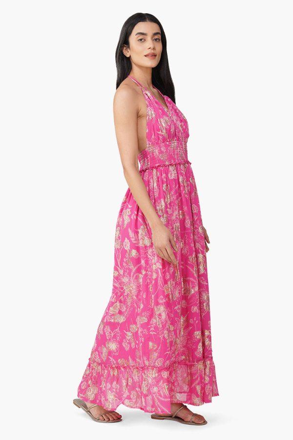 Carnation Pink Leaf Printed Halter Dress - Image 2