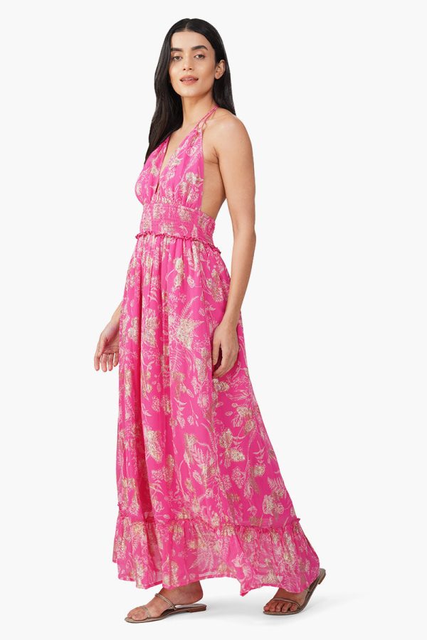 Carnation Pink Leaf Printed Halter Dress - Image 3