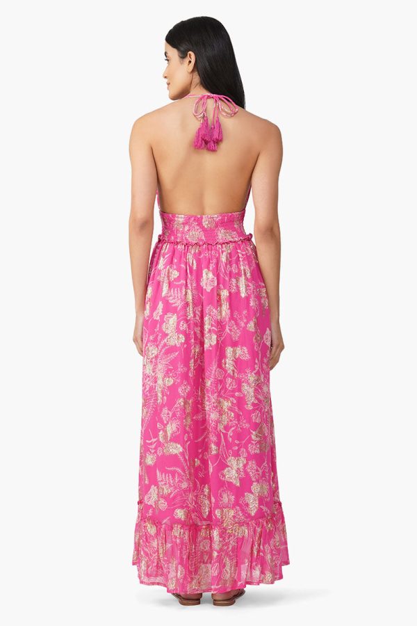 Carnation Pink Leaf Printed Halter Dress - Image 4