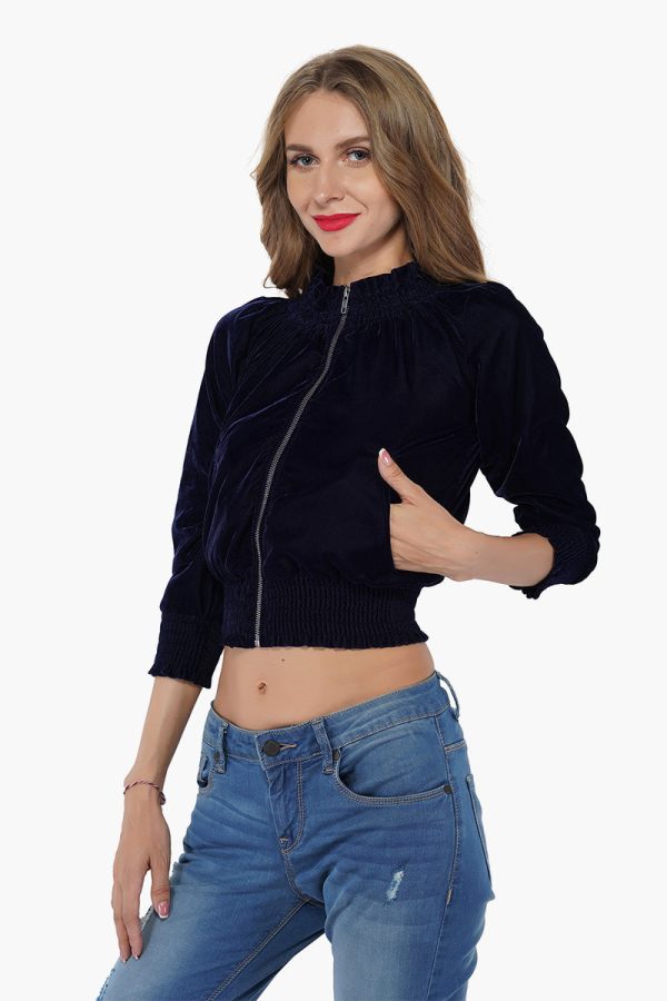 Twilight Blue Velvetine Embroidered Bomber Jacket - Image 2