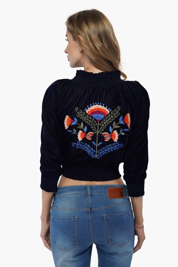 Twilight Blue Velvetine Embroidered Bomber Jacket - Image 3