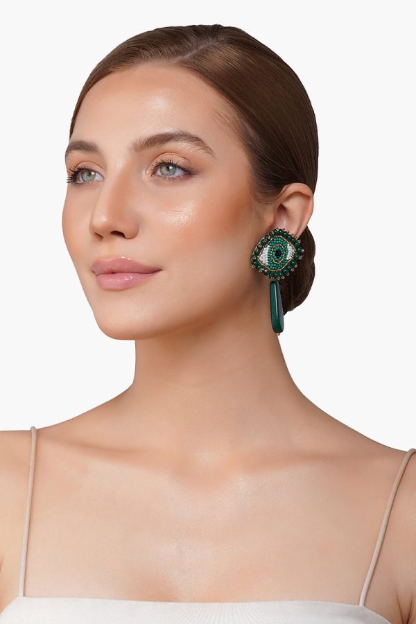 Emerald Evil Eye Beaded Earrings - Image 2